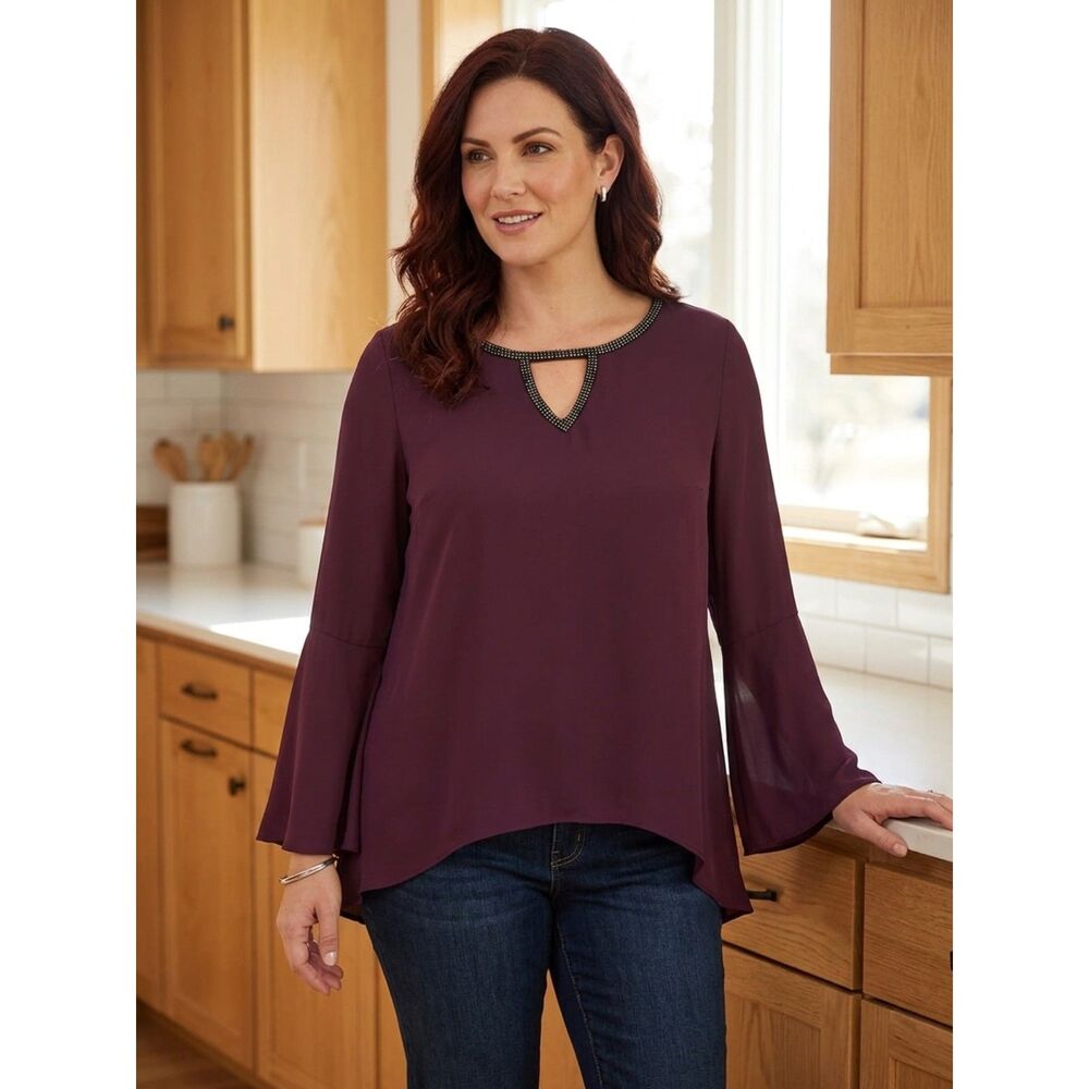Juicy Couture Purple Plum Beaded Keyhole Bell Sleeve Blouse, Medium EUC